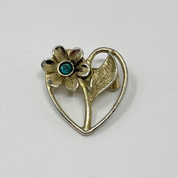 Vintage Heart Flower Brooch‎ Metallic Gold Tone Aqua Green Rhinestone Pin 1" - Picture 1 of 10